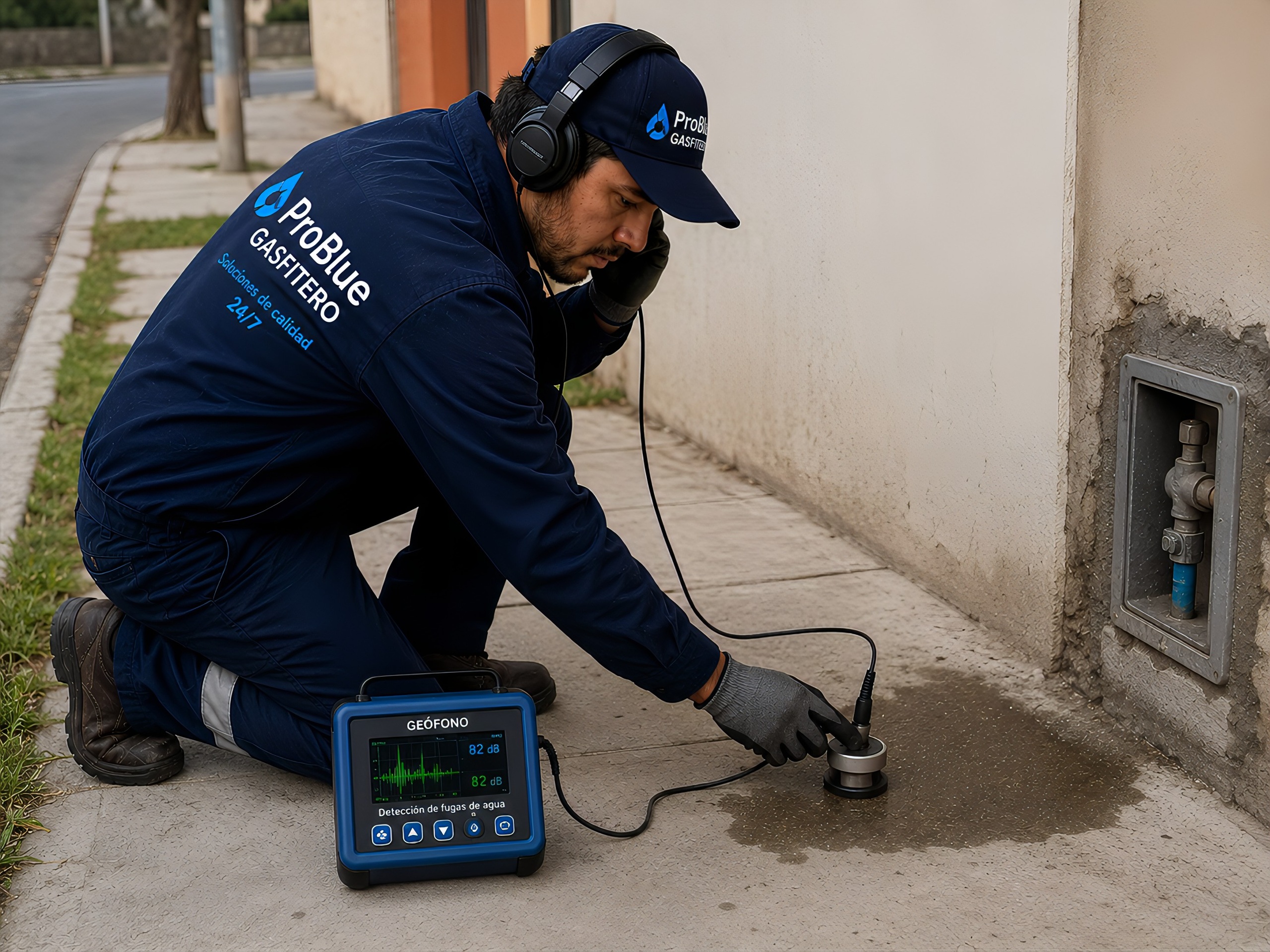 Tecnico usando equipo geofono para localizar fuga oculta