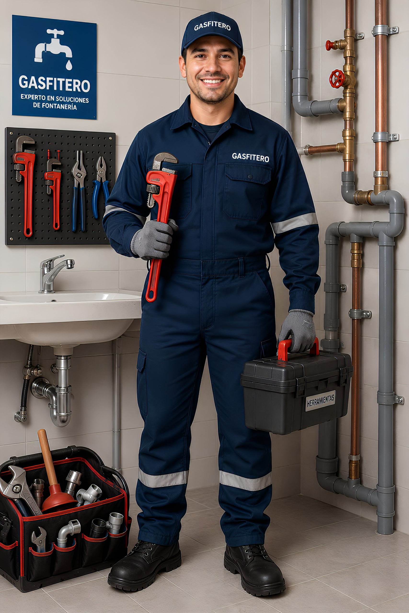 Gasfitero profesional sonriendo con casco de seguridad